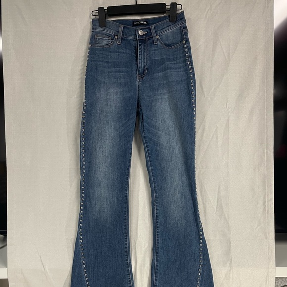 Fashion Nova  flare blue jeans with silver beads on trim, party pants size 3 - Picture 4 of 6